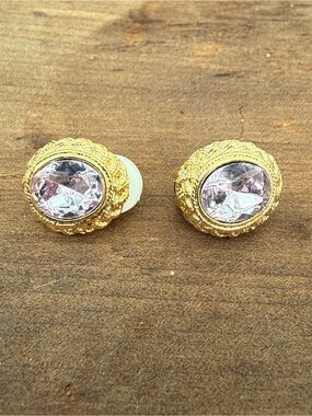 Vintage Gold-Tone clip on Earrings with Pale Pink Crystal Centers